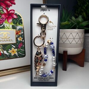 Piper K Bag Charm & Key Chain with Cubic Zirconia Fish & Blue Beads
